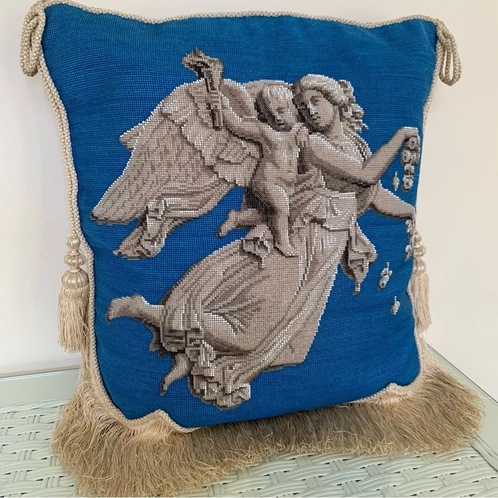 Antique Hand Beaded Angel & Cherub Decorative Throw Pillow